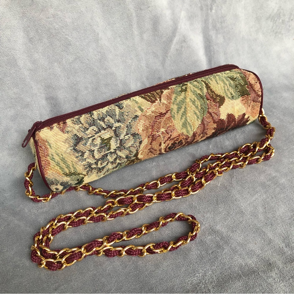 VINTAGE 90s Floral tapestry mini baguette zipper bag with long chain strap
